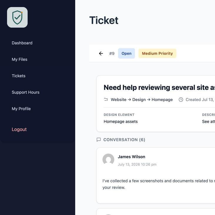 Supportivo client portal — ticket detail and conversation thread
